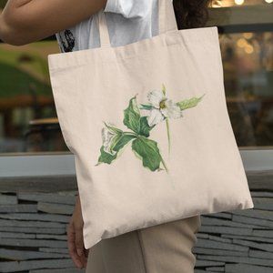 White Trillium Vintage Watercolor Floral Print Graphic Canvas Tote Bag